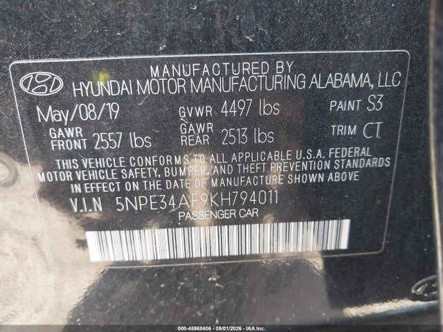 45968406 :رقم المزاد ، 5NPE34AF9KH794011 vin ، 2019 Hyundai Sonata Sel مزاد بيع