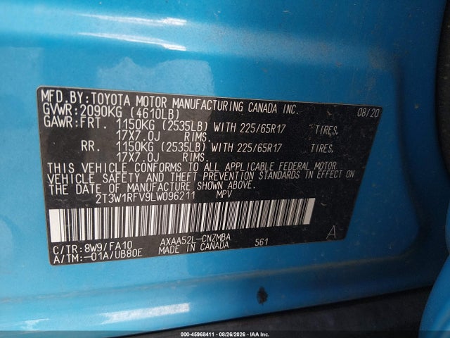 45968411 :رقم المزاد ، 2T3W1RFV9LW096211 vin ، 2020 Toyota Rav4 Xle مزاد بيع