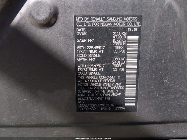 Aukcja sprzedaży 2019 Nissan Rogue S, vin: KNMAT2MV4KP511878, numer aukcji: 45968424