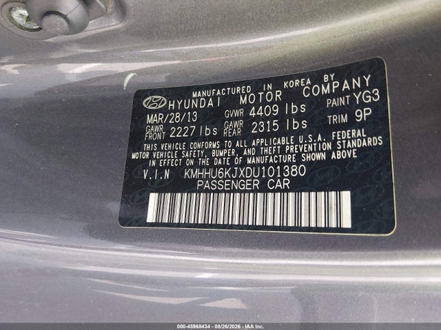 2013 Hyundai Genesis 3.8 Grand Touring მანქანა იყიდება აუქციონზე, vin: KMHHU6KJXDU101380, აუქციონის ნომერი: 45968434