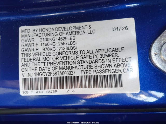 Aukcja sprzedaży 2026 Honda Accord Hybrid Sport, vin: 1HGCY2F58TA003927, numer aukcji: 45968444