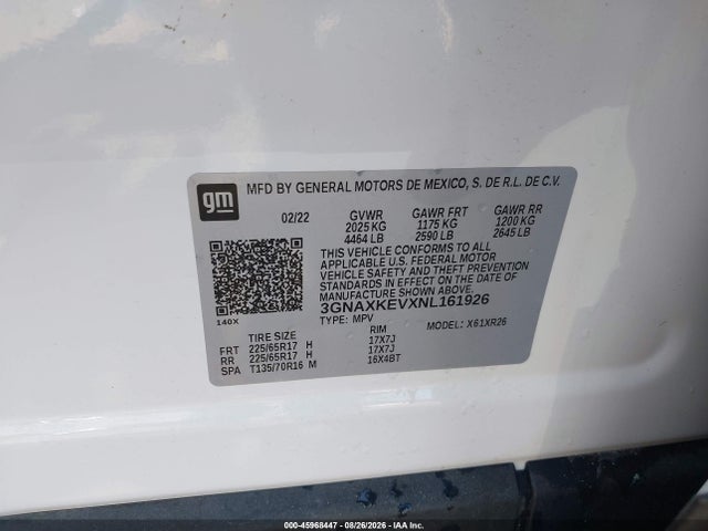 45968447 :رقم المزاد ، 3GNAXKEVXNL161926 vin ، 2022 Chevrolet Equinox Fwd Lt مزاد بيع