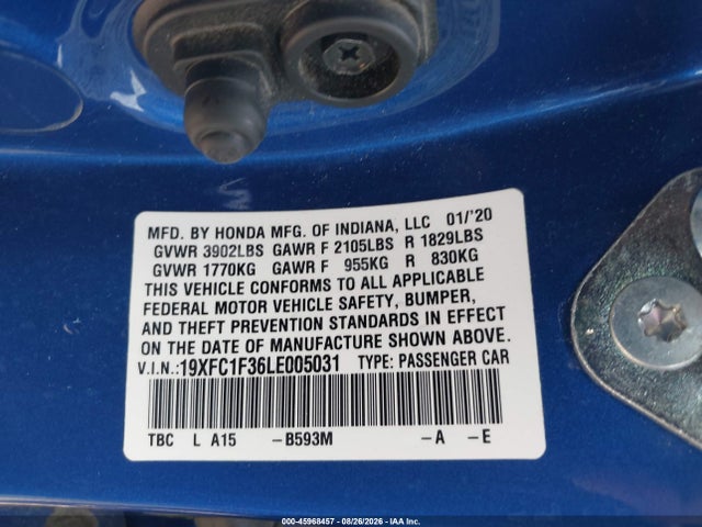 Aukcja sprzedaży 2020 Honda Civic Ex, vin: 19XFC1F36LE005031, numer aukcji: 45968457