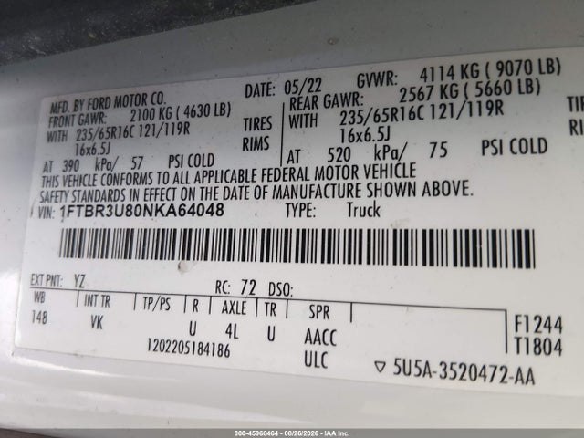 Aukcja sprzedaży 2022 Ford Transit-250 Cargo Van, vin: 1FTBR3U80NKA64048, numer aukcji: 45968464