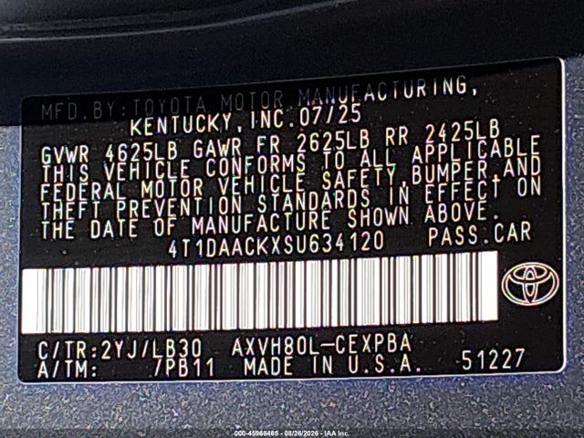 Aukcja sprzedaży 2025 Toyota Camry Xse, vin: 4T1DAACKXSU634120, numer aukcji: 45968465