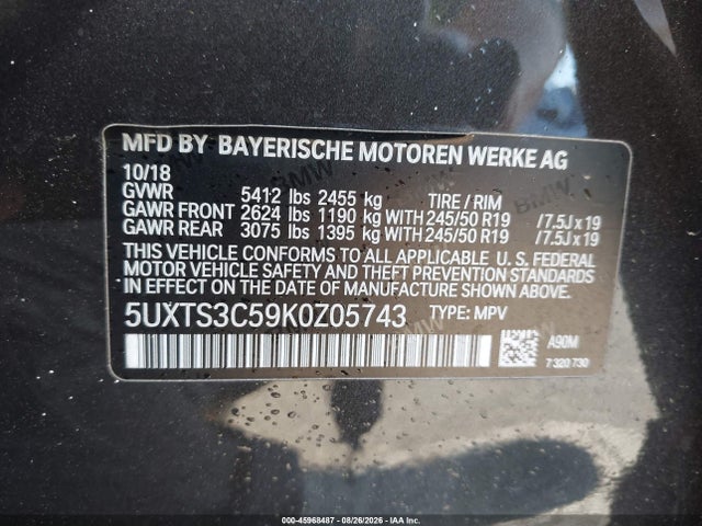 2019 Bmw X3 M40i მანქანა იყიდება აუქციონზე, vin: 5UXTS3C59K0Z05743, აუქციონის ნომერი: 45968487
