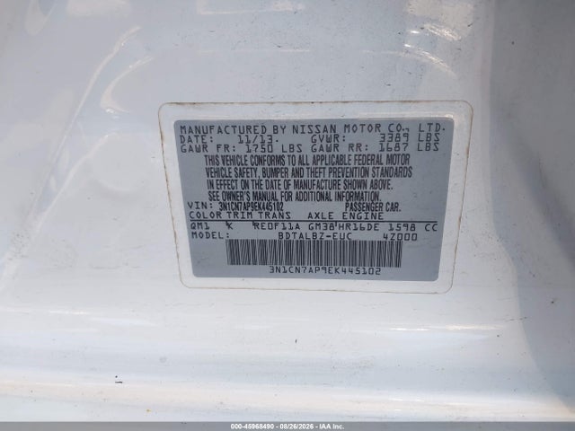 Aukcja sprzedaży 2014 Nissan Versa 1.6 Sv, vin: 3N1CN7AP9EK445102, numer aukcji: 45968490