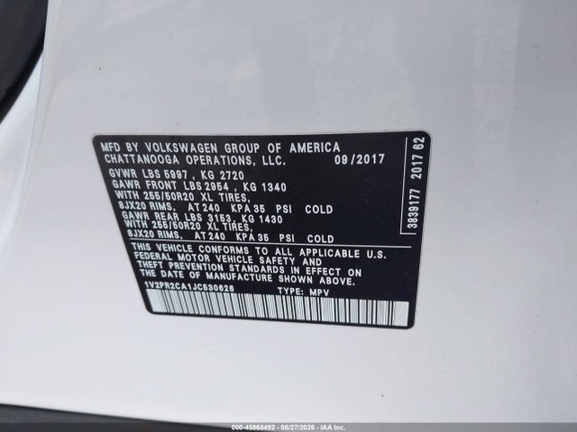 45968492 :رقم المزاد ، 1V2PR2CA1JC530626 vin ، 2018 Volkswagen Atlas 3.6l V6 Se W/technology مزاد بيع