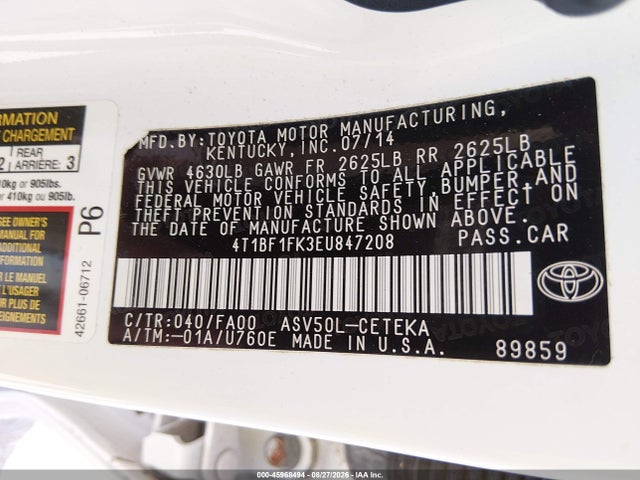 45968494 :رقم المزاد ، 4T1BF1FK3EU847208 vin ، 2014 Toyota Camry L مزاد بيع