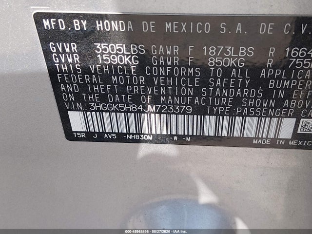 Aukcja sprzedaży 2018 Honda Fit Ex, vin: 3HGGK5H84JM723379, numer aukcji: 45968496