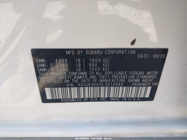 Aukcja sprzedaży 2020 Subaru Impreza Premium, vin: 4S3GKAD63L3614945, numer aukcji: 45968503