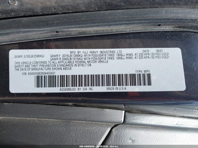 45968506 :رقم المزاد ، 4S4WX98D684402431 vin ، 2008 Subaru Tribeca Limited 7-passenger مزاد بيع
