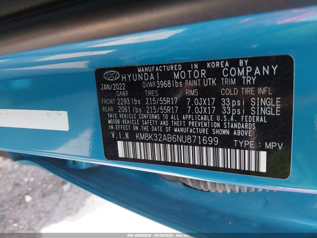 Aukcja sprzedaży 2022 Hyundai Kona Sel, vin: KM8K32AB6NU871699, numer aukcji: 45968529