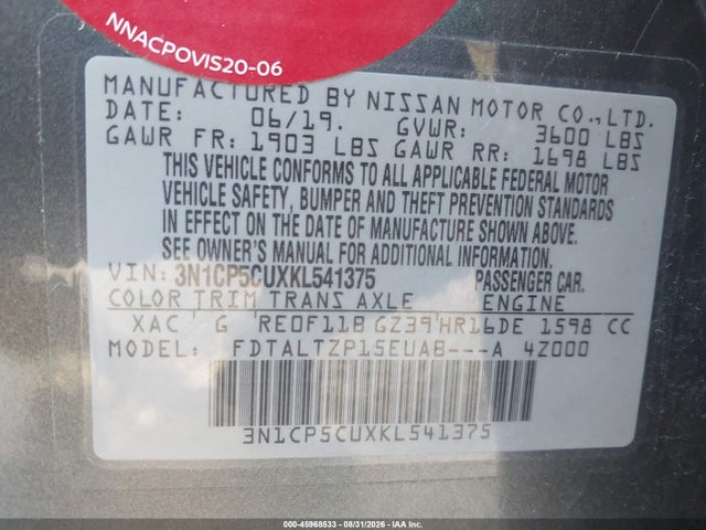 Продажа на аукционе авто 2019 Nissan Kicks Sr, vin: 3N1CP5CUXKL541375, номер лота: 45968533