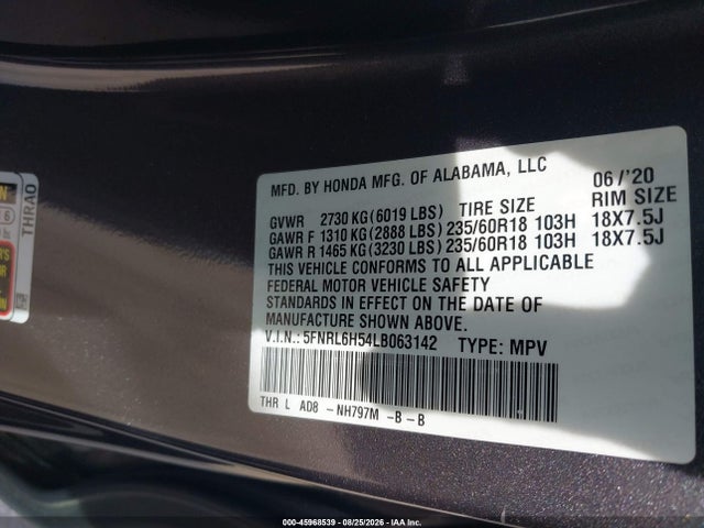 45968539 :رقم المزاد ، 5FNRL6H54LB063142 vin ، 2020 Honda Odyssey Ex مزاد بيع