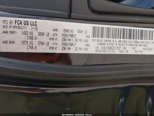 2016 Jeep Grand Cherokee Laredo მანქანა იყიდება აუქციონზე, vin: 1C4RJFAG8GC317357, აუქციონის ნომერი: 45968544