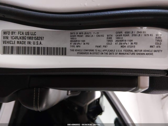 Продаж на аукціоні авто 2021 Jeep Grand Cherokee L Limited 4x4, vin: 1C4RJKBG1M8158297, номер лоту: 45968552