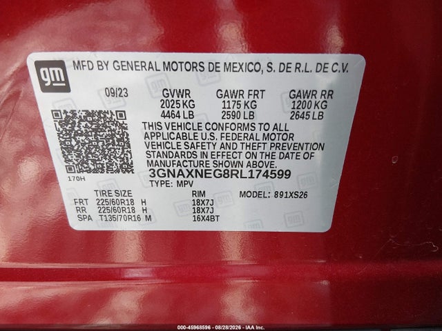 Aukcja sprzedaży 2024 Chevrolet Equinox Fwd Premier, vin: 3GNAXNEG8RL174599, numer aukcji: 45968596