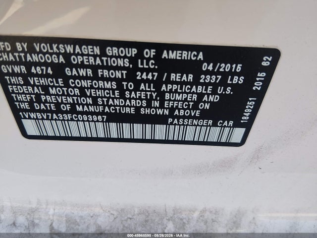 2015 Volkswagen Passat 2.0l Tdi Se მანქანა იყიდება აუქციონზე, vin: 1VWBV7A33FC093967, აუქციონის ნომერი: 45968595