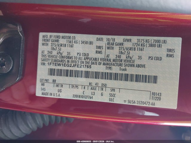 45968605 :رقم المزاد ، 1FTEW1EG2JFE21765 vin ، 2018 Ford F-150 Xlt مزاد بيع