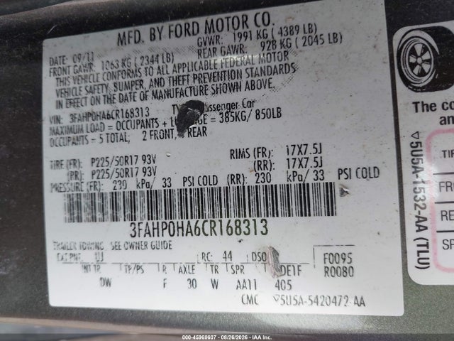 Aukcja sprzedaży 2012 Ford Fusion Se, vin: 3FAHP0HA6CR168313, numer aukcji: 45968607