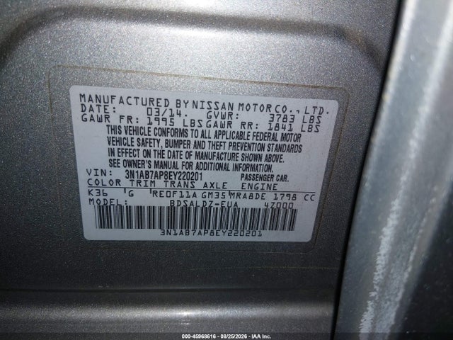 2014 Nissan Sentra Sv მანქანა იყიდება აუქციონზე, vin: 3N1AB7AP8EY220201, აუქციონის ნომერი: 45968616