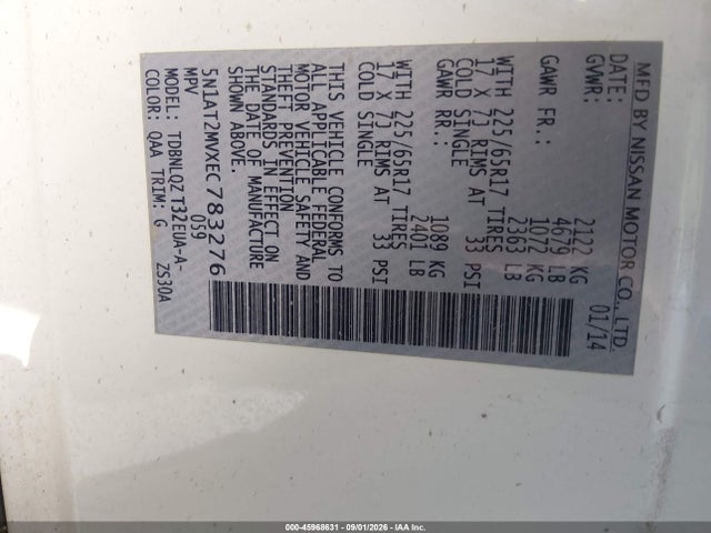 Продажа на аукционе авто 2014 Nissan Rogue Sv, vin: 5N1AT2MVXEC783276, номер лота: 45968631