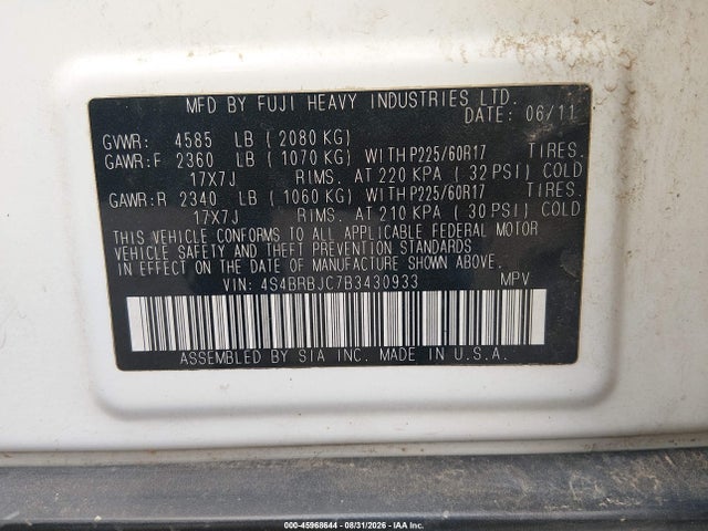 Продаж на аукціоні авто 2011 Subaru Outback 2.5i Limited, vin: 4S4BRBJC7B3430933, номер лоту: 45968644