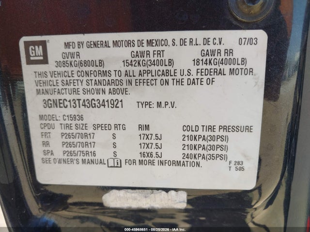 45968651 :رقم المزاد ، 3GNEC13T43G341921 vin ، 2003 Chevrolet Avalanche 1500 مزاد بيع