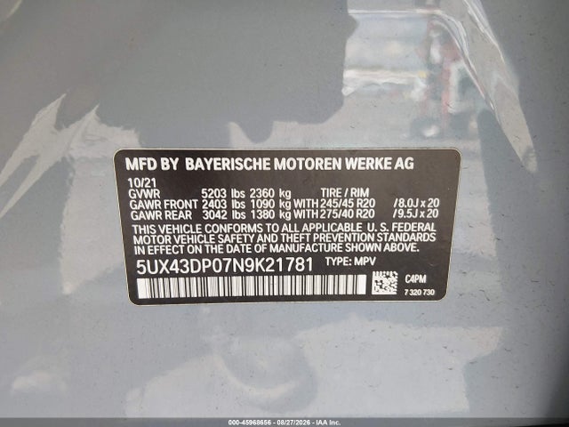 45968656 :رقم المزاد ، 5UX43DP07N9K21781 vin ، 2022 Bmw X3 Sdrive30i مزاد بيع