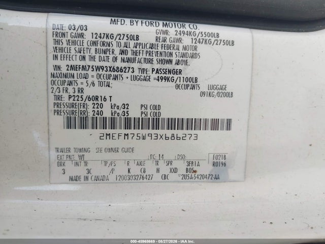 45968669 :رقم المزاد ، 2MEFM75W93X686273 vin ، 2003 Mercury Grand Marquis Ls مزاد بيع