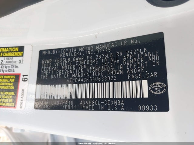 Продаж на аукціоні авто 2025 Toyota Camry Le, vin: 4T1DAACK5SU633022, номер лоту: 45968673