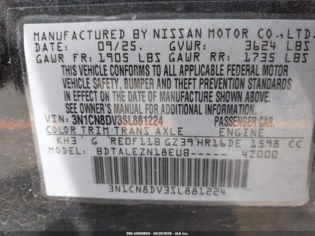 45968680 :رقم المزاد ، 3N1CN8DV3SL881224 vin ، 2025 Nissan Versa 1.6 S مزاد بيع