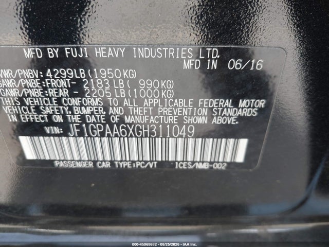 45968682 :رقم المزاد ، JF1GPAA6XGH311049 vin ، 2016 Subaru Impreza 2.0i مزاد بيع