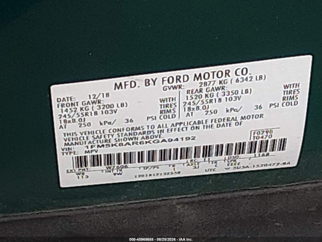 2019 Ford Police Interceptor Utility მანქანა იყიდება აუქციონზე, vin: 1FM5K8AR6KGA94192, აუქციონის ნომერი: 45968688