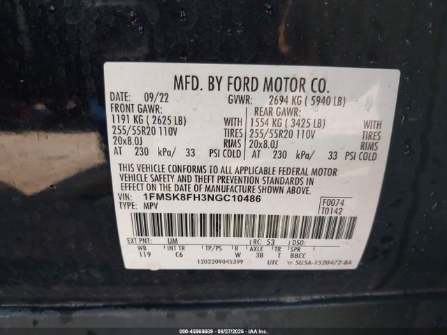 Продаж на аукціоні авто 2022 Ford Explorer Limited, vin: 1FMSK8FH3NGC10486, номер лоту: 45968689