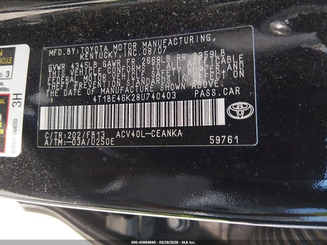 Продажа на аукционе авто 2008 Toyota Camry, vin: 4T1BE46K28U740403, номер лота: 45968690