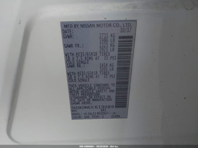 5N1DR2MN6JC619089 Nissan Pathfinder Sv