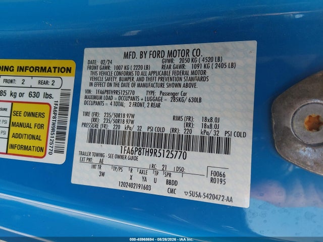 Продаж на аукціоні авто 2024 Ford Mustang Ecoboost Premium Fastback, vin: 1FA6P8TH9R5125770, номер лоту: 45968694