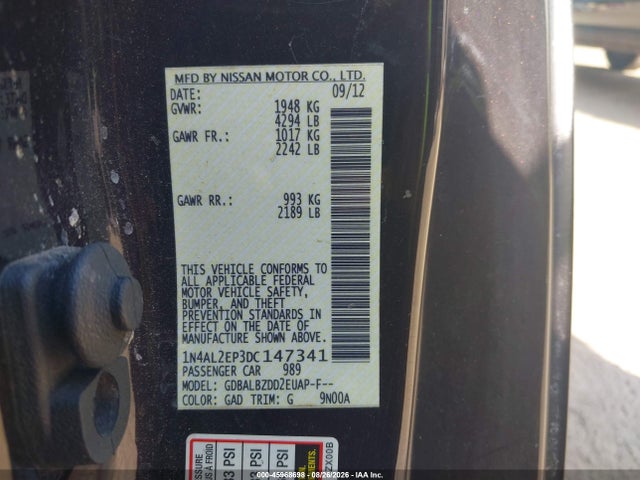 Продажа на аукционе авто 2013 Nissan Altima 2.5 S, vin: 1N4AL2EP3DC147341, номер лота: 45968698