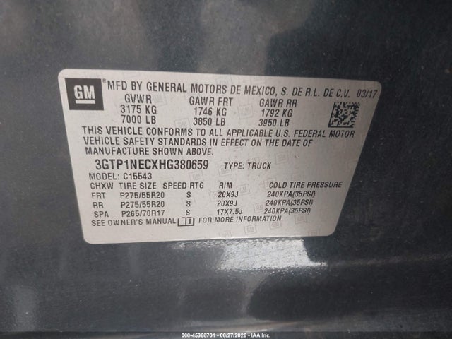 45968701 :رقم المزاد ، 3GTP1NECXHG380659 vin ، 2017 Gmc Sierra 1500 Slt مزاد بيع