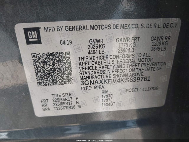 Продажа на аукционе авто 2019 Chevrolet Equinox Lt, vin: 3GNAXKEV4KS639761, номер лота: 45968714