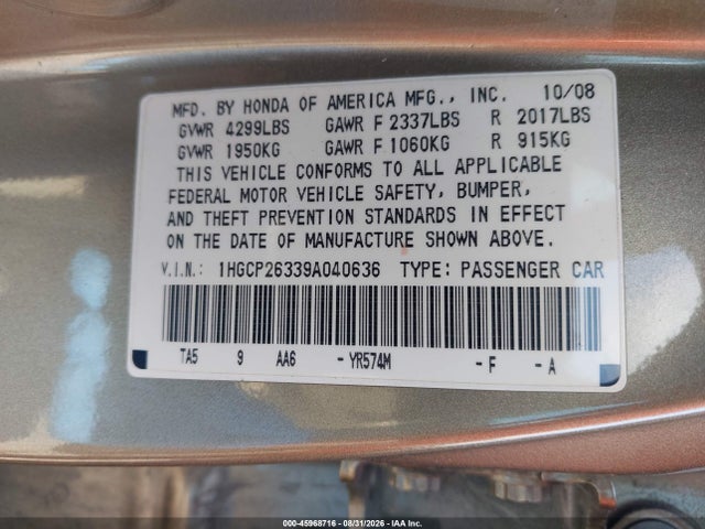 Продажа на аукционе авто 2009 Honda Accord 2.4 Lx, vin: 1HGCP26339A040636, номер лота: 45968716