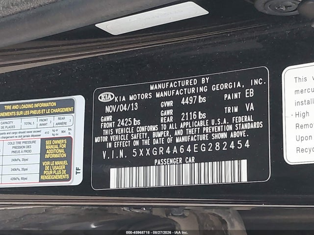 45968718 :رقم المزاد ، 5XXGR4A64EG282454 vin ، 2014 Kia Optima Sxl Turbo مزاد بيع