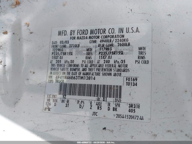 Продажа на аукционе авто 2003 Mazda B4000 Ds, vin: 4F4YR46E63TM13814, номер лота: 45968722