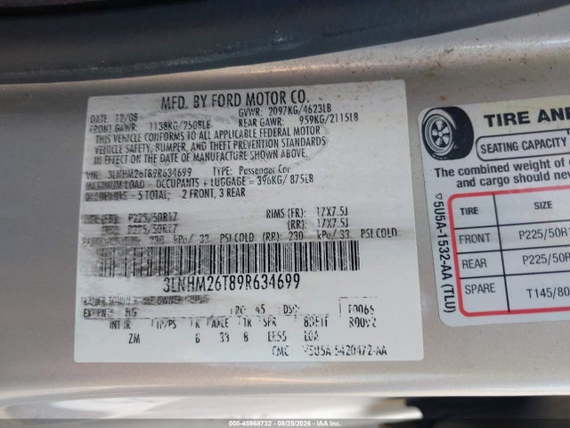 Aukcja sprzedaży 2009 Lincoln Mkz, vin: 3LNHM26T89R634699, numer aukcji: 45968732