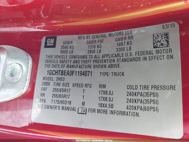 Продажа на аукционе авто 2015 Chevrolet Colorado 4wd Lt, vin: 1GCHTBEA0F1194071, номер лота: 45968741