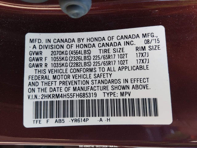 45968746 :رقم المزاد ، 2HKRM4H55FH685319 vin ، 2015 Honda Cr-v Ex مزاد بيع