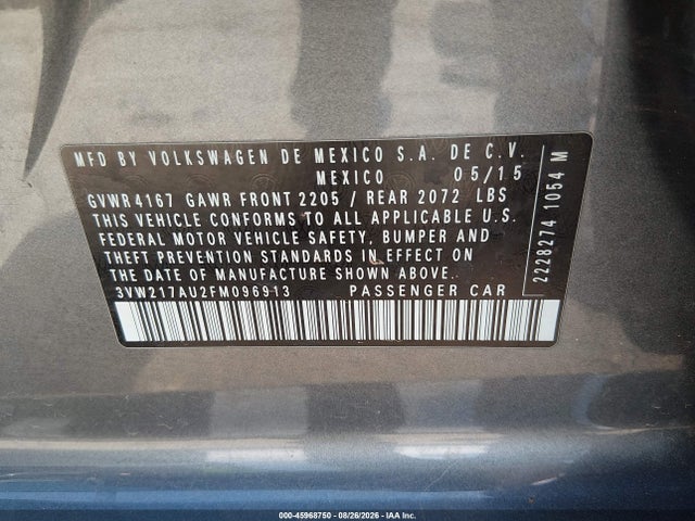 45968750 :رقم المزاد ، 3VW217AU2FM096913 vin ، 2015 Volkswagen Golf Tsi S 4-door مزاد بيع