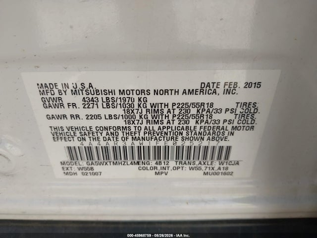 Aukcja sprzedaży 2015 Mitsubishi Outlander Sport Es, vin: 4A4AR3AW1FE025217, numer aukcji: 45968759